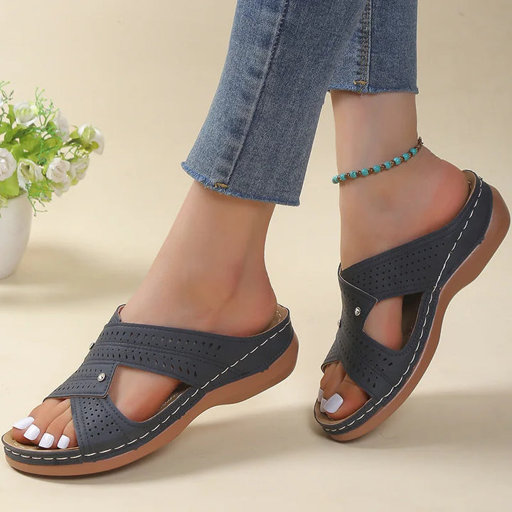 Women's Leather Perforated Crisscross Strap Sandals