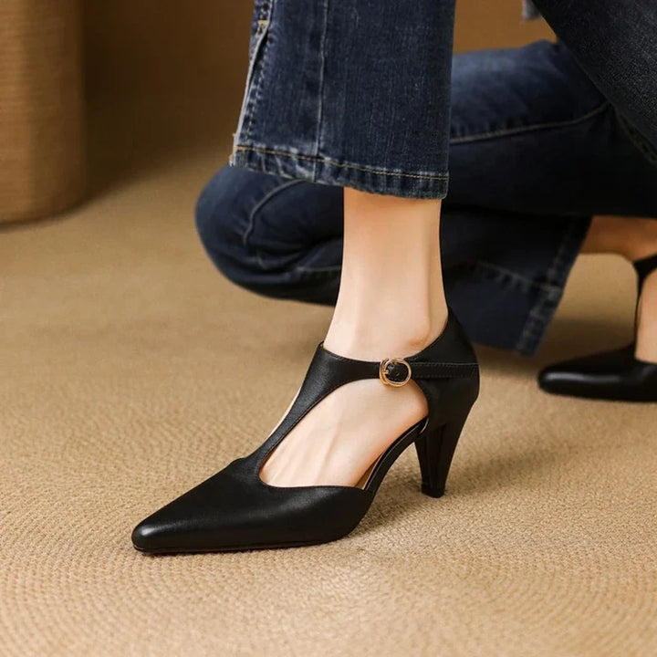 Women's Leather T-Strap High Heels Pointed Toe Pumps Shoes