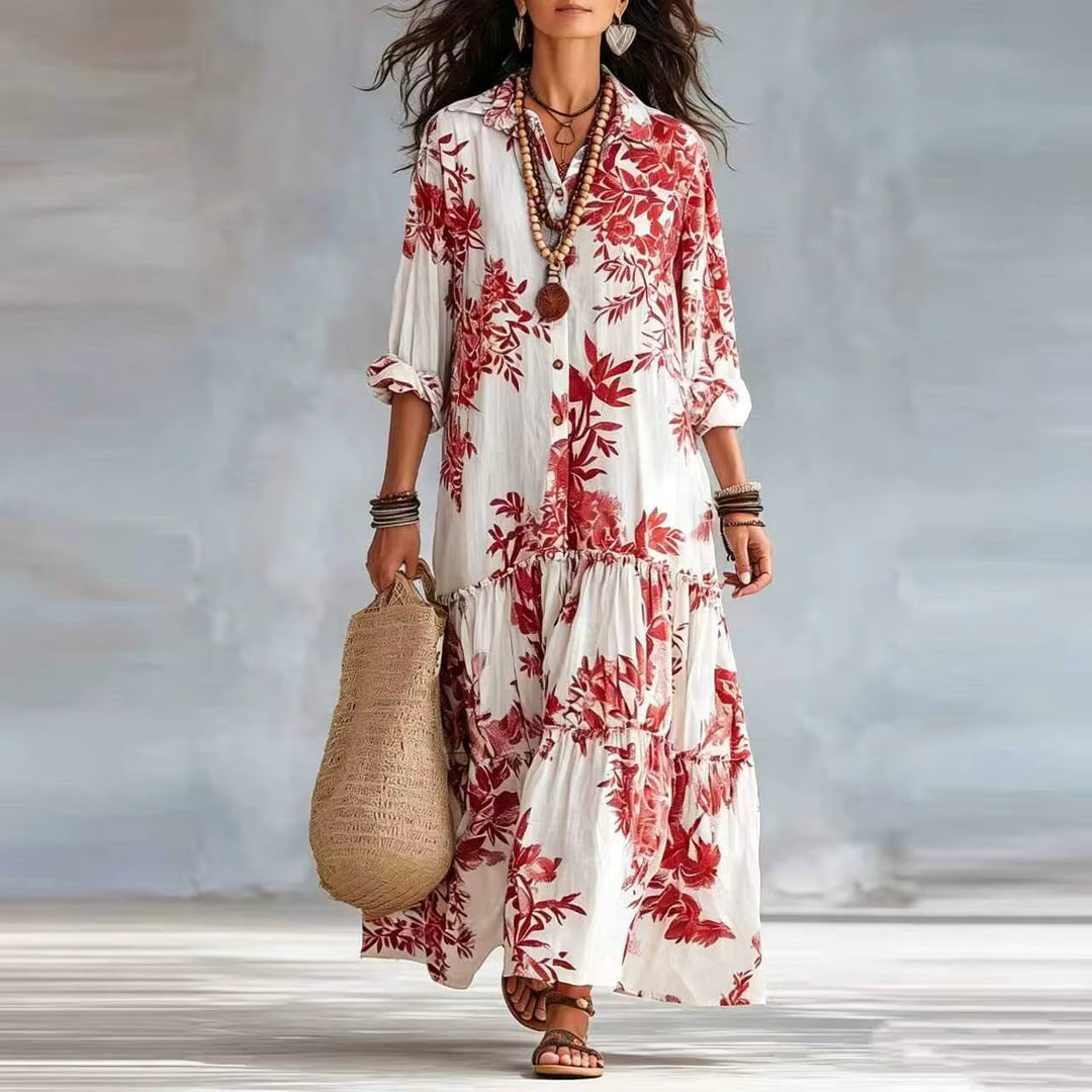 Women's Linen Floral Long Sleeve Shirt Boho Tiered Maxi Dress 