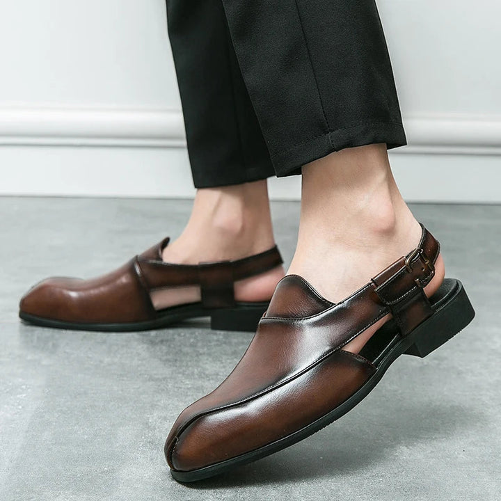 Męskie skórzane półbuty wizytowe typu slingback, wygodne mokasyny, sandały