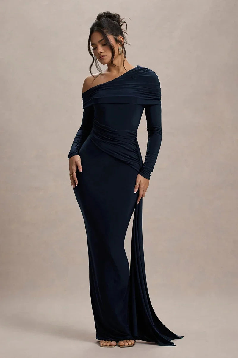 Women Knit Blend Off Shoulder Ruched Asymmetric Evening Maxi Dress