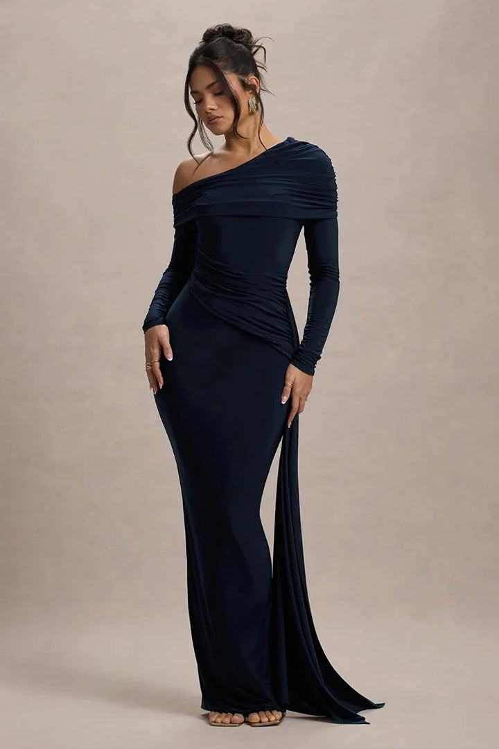 Women Knit Blend Off Shoulder Ruched Asymmetric Evening Maxi Dress