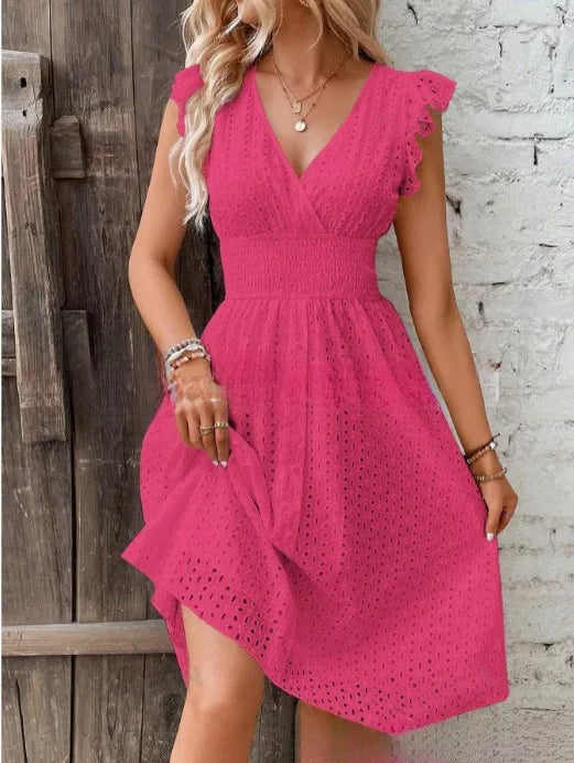 Women's Lace V Neck A Line Midi Dress