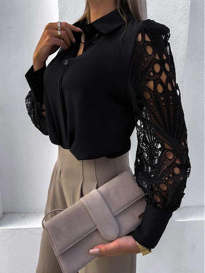 Women’s Silk Button Down Shirt Long Sleeve Cutout Mesh Blouse