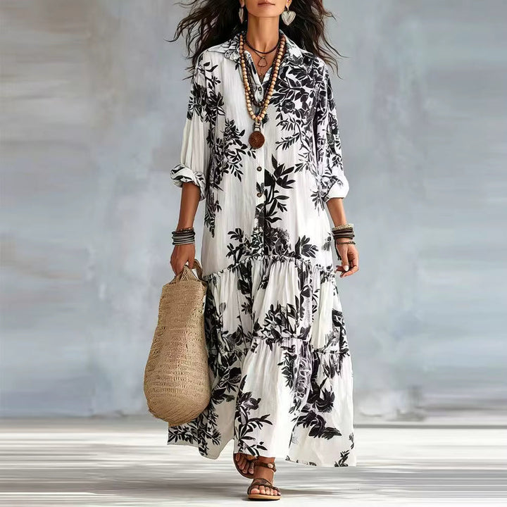 Women's Linen Floral Long Sleeve Shirt Boho Tiered Maxi Dress 