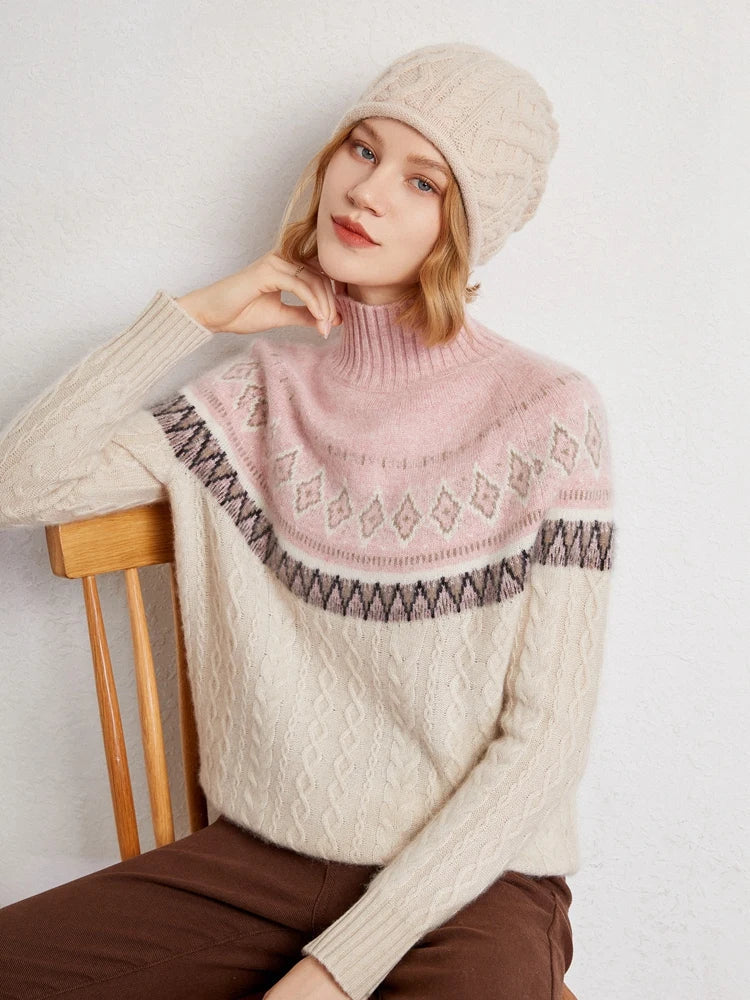 Women's Wool Knit Mock Neck Fair Isle Sweater