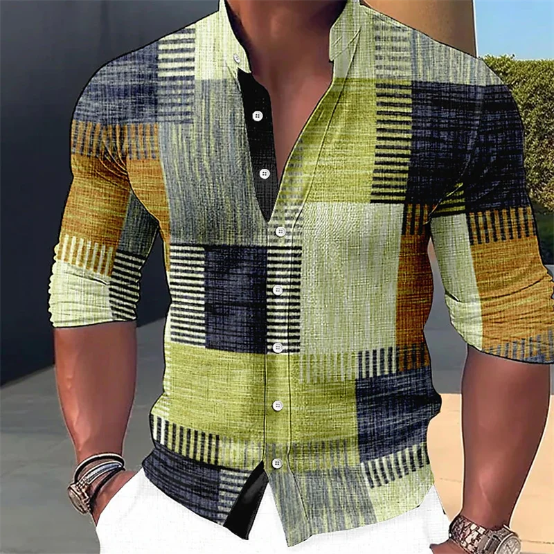 Men’s Geometric-Print Linen Mandarin Collar Shirt