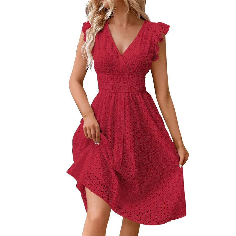 Women's Lace V Neck A Line Midi Dress