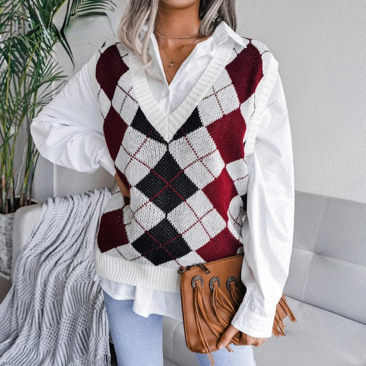 Women's Houndstooth Knit Sweater Vest V-Neck Sleeveless Pullover