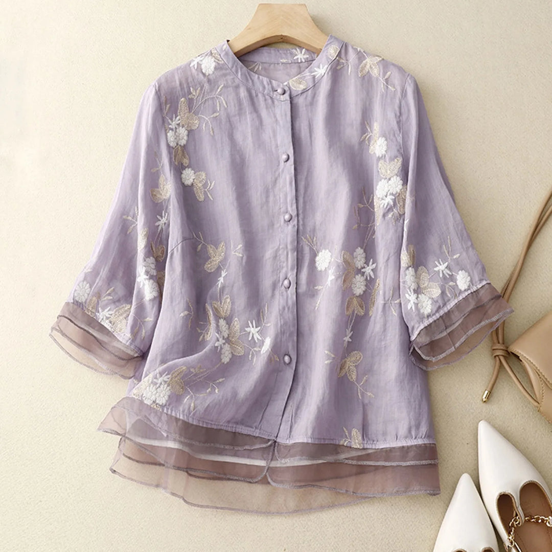 Women's Floral Embroidered Linen Blend Blouse Shirt Top
