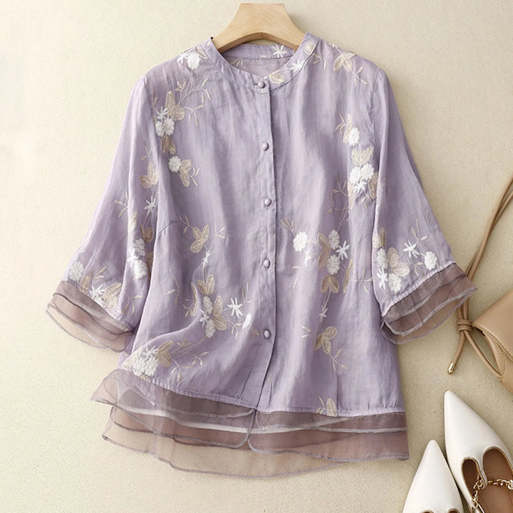 Women's Floral Embroidered Linen Blend Blouse Shirt Top