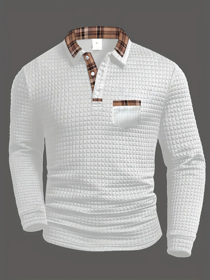 Polo à carreaux à manches longues pour homme, en maille mélangée