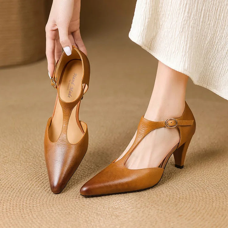 Women's Leather T-Strap High Heels Pointed Toe Pumps Shoes