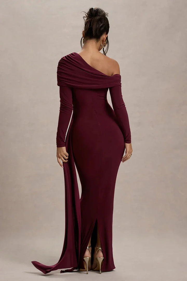 Women Knit Blend Off Shoulder Ruched Asymmetric Evening Maxi Dress