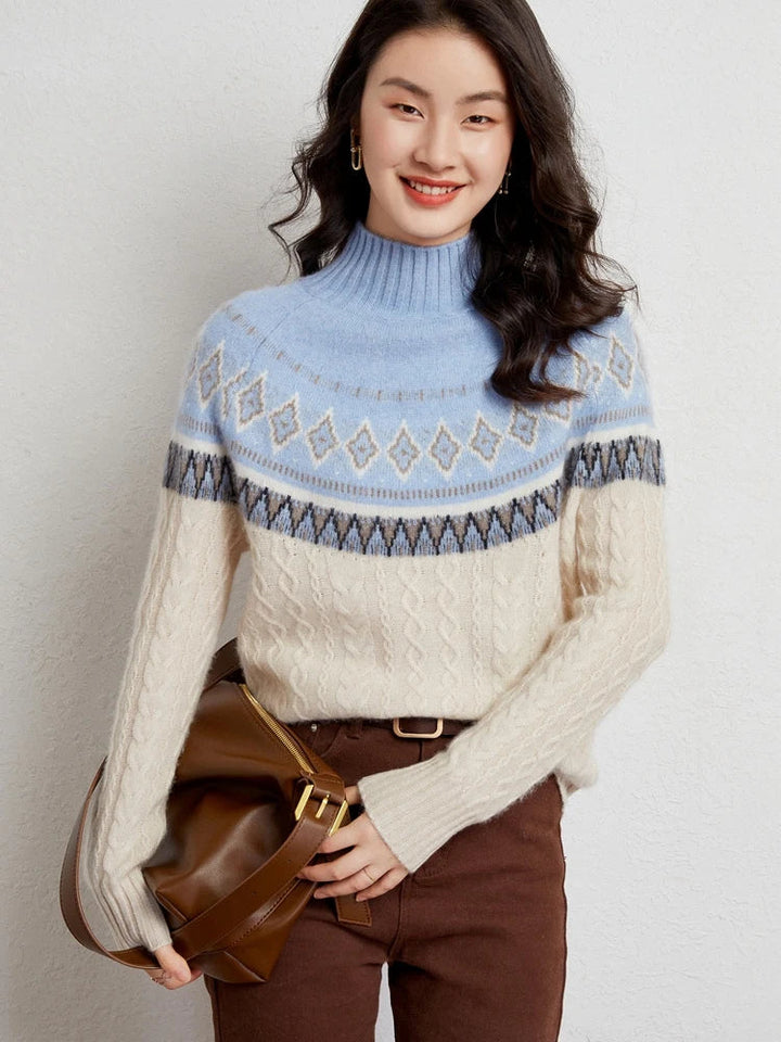 Women's Wool Knit Mock Neck Fair Isle Sweater