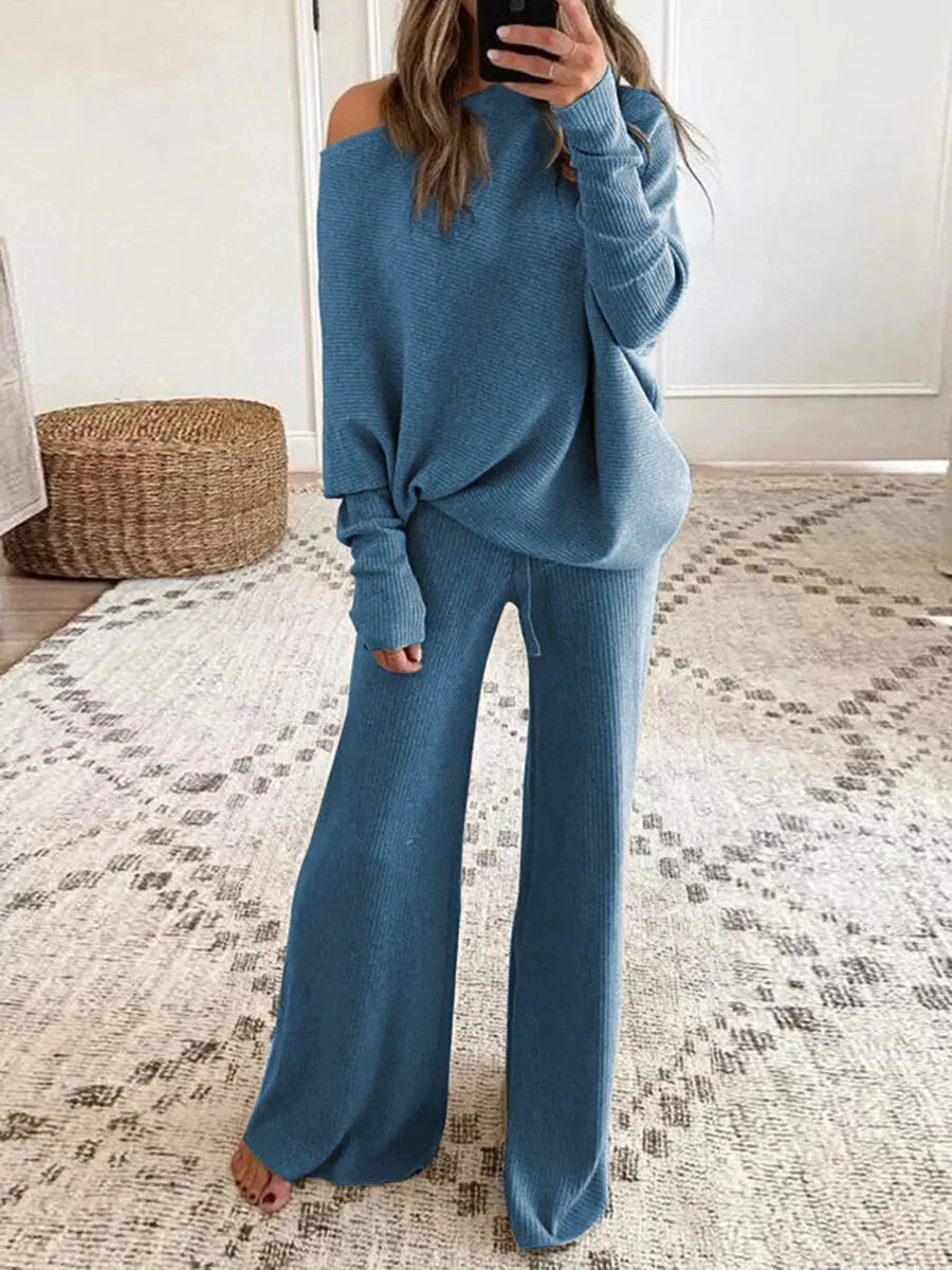 Women's Knit Lounge Set Off-Shoulder Top and Wide Leg Trousers Two Piece Outfit