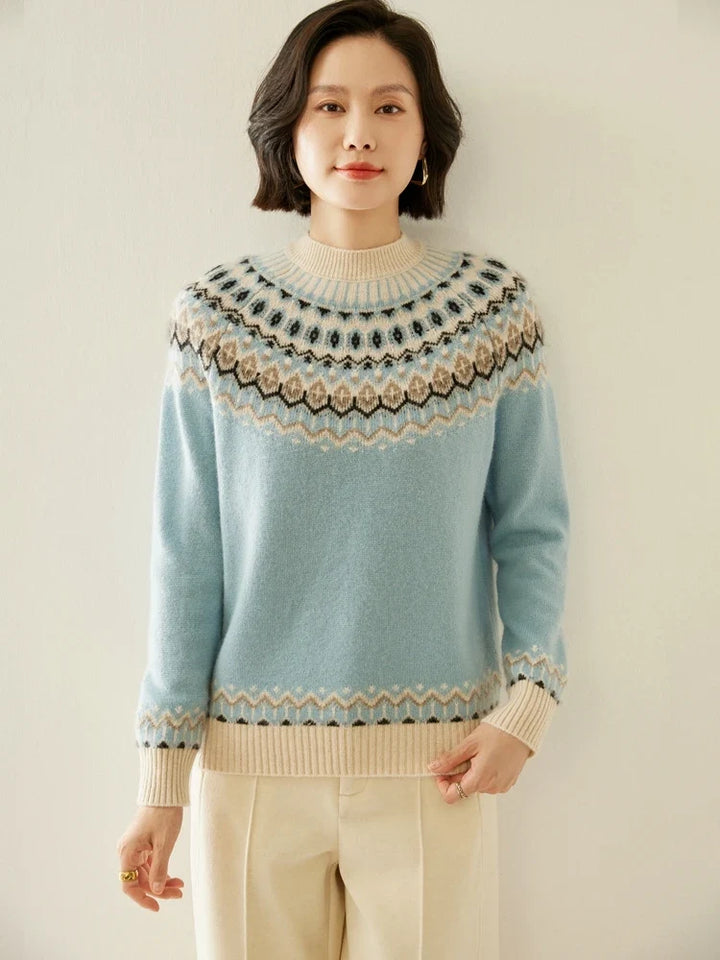 Women's Wool Knit Sweater Pullover Crewneck Fair Isle Knitwear