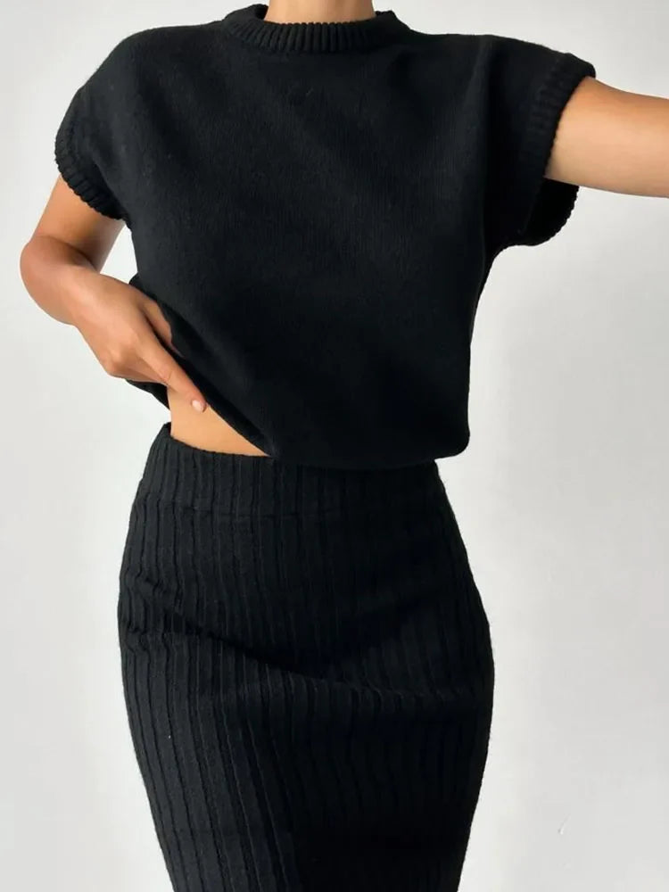 Women Knit Midi Skirt and Short Sleeve Top Two- Piece Set