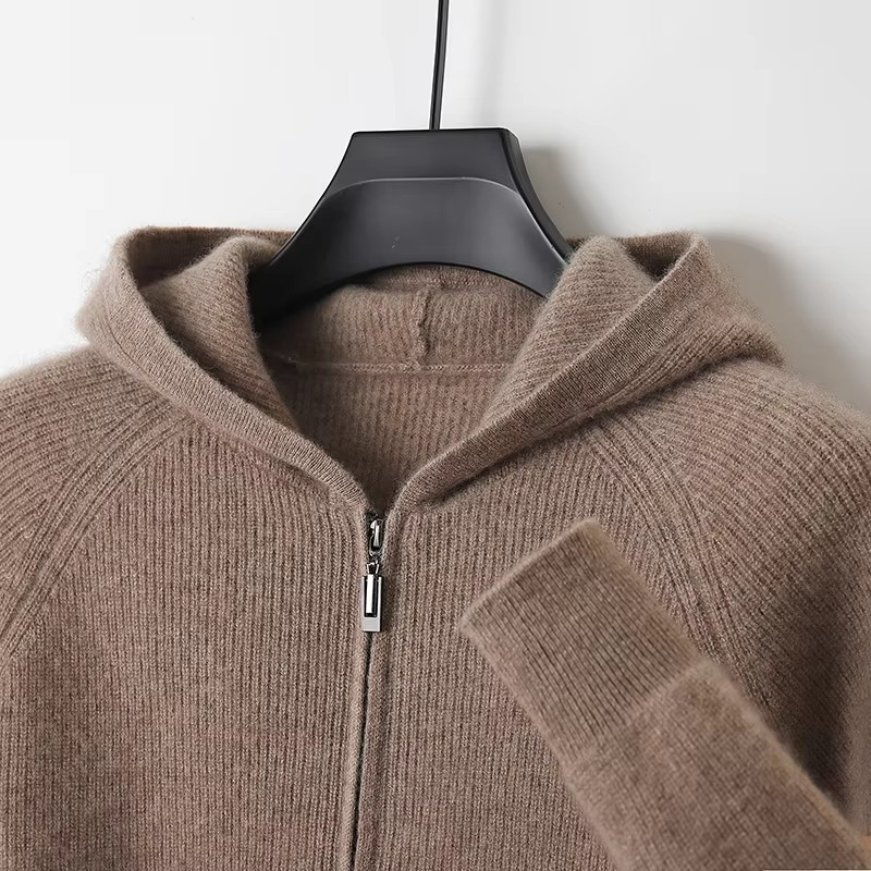Męska bluza z kapturem, w pełni rozpinana, z dzianiny z wełny merino, typu sweter kurtka