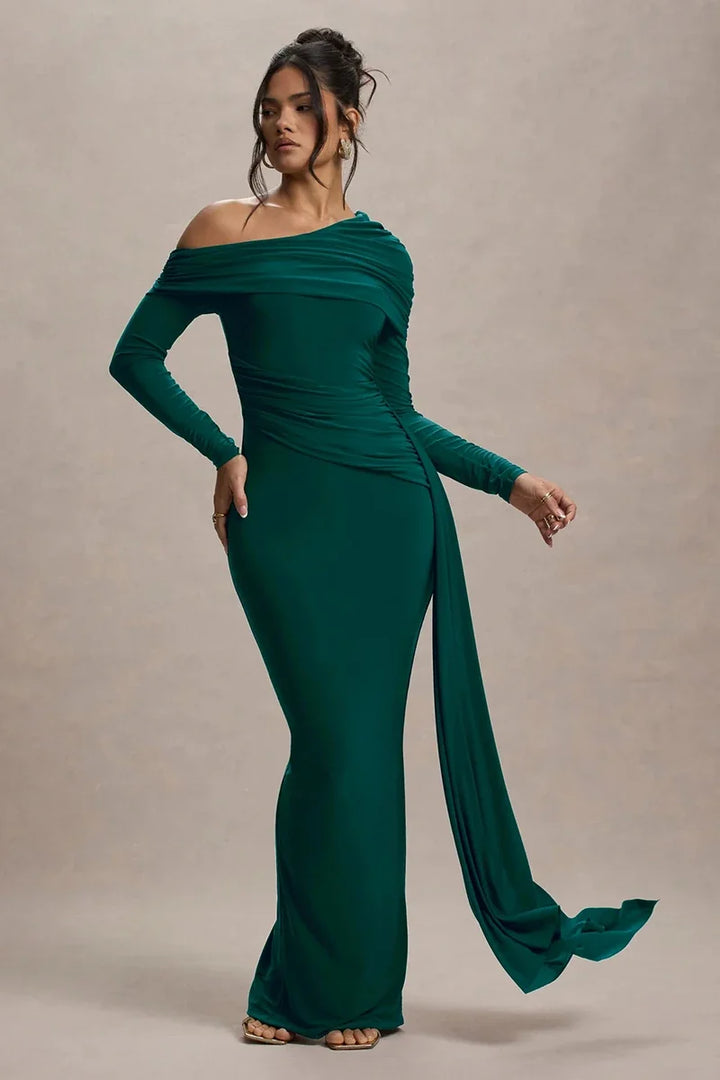 Women Knit Blend Off Shoulder Ruched Asymmetric Evening Maxi Dress