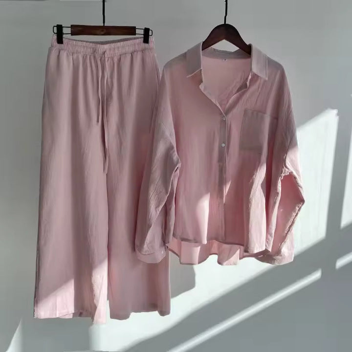 Women's Linen Blend Long Sleeve Shirt Wide Leg Pants Co-ord Set