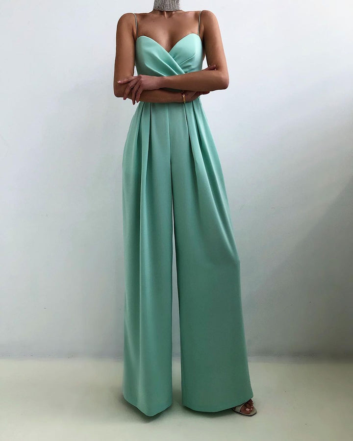 Women's Elegant Wide Leg Sleeveless Satin Jumpsuit Formal Evening Romper