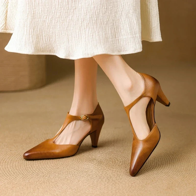 Women's Leather T-Strap High Heels Pointed Toe Pumps Shoes