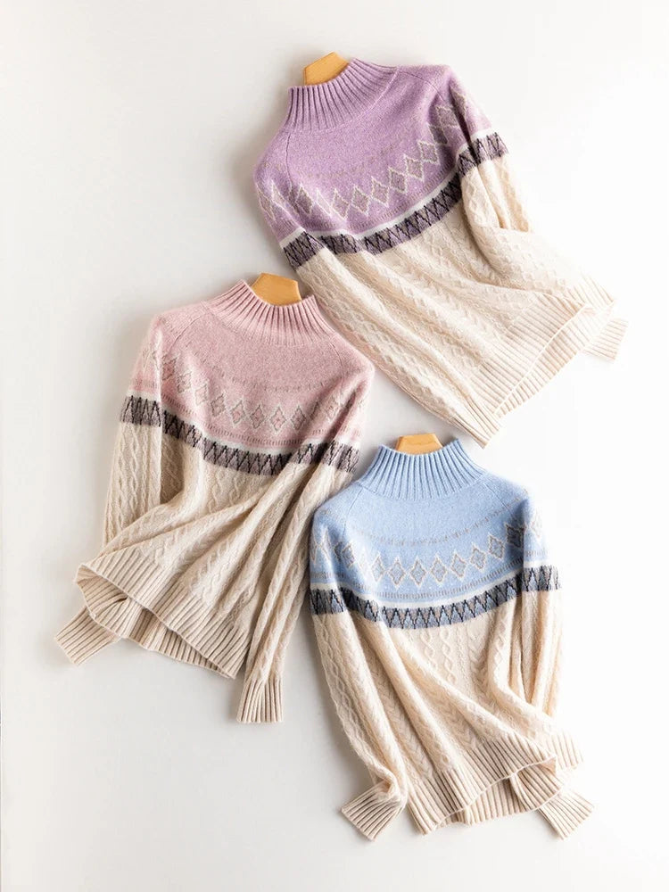 Women's Wool Knit Mock Neck Fair Isle Sweater