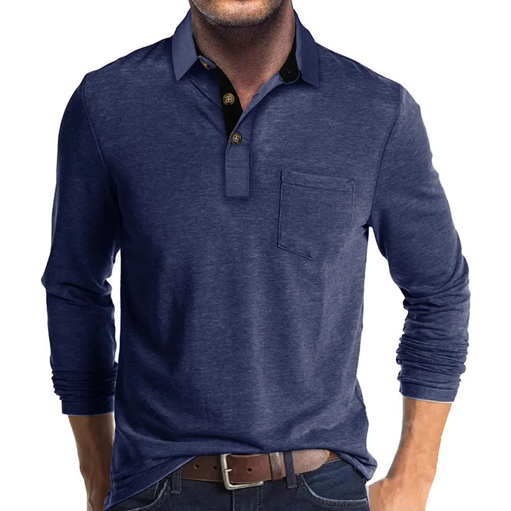 Men's Knit Long Sleeve Polo Shirt Pullover Top