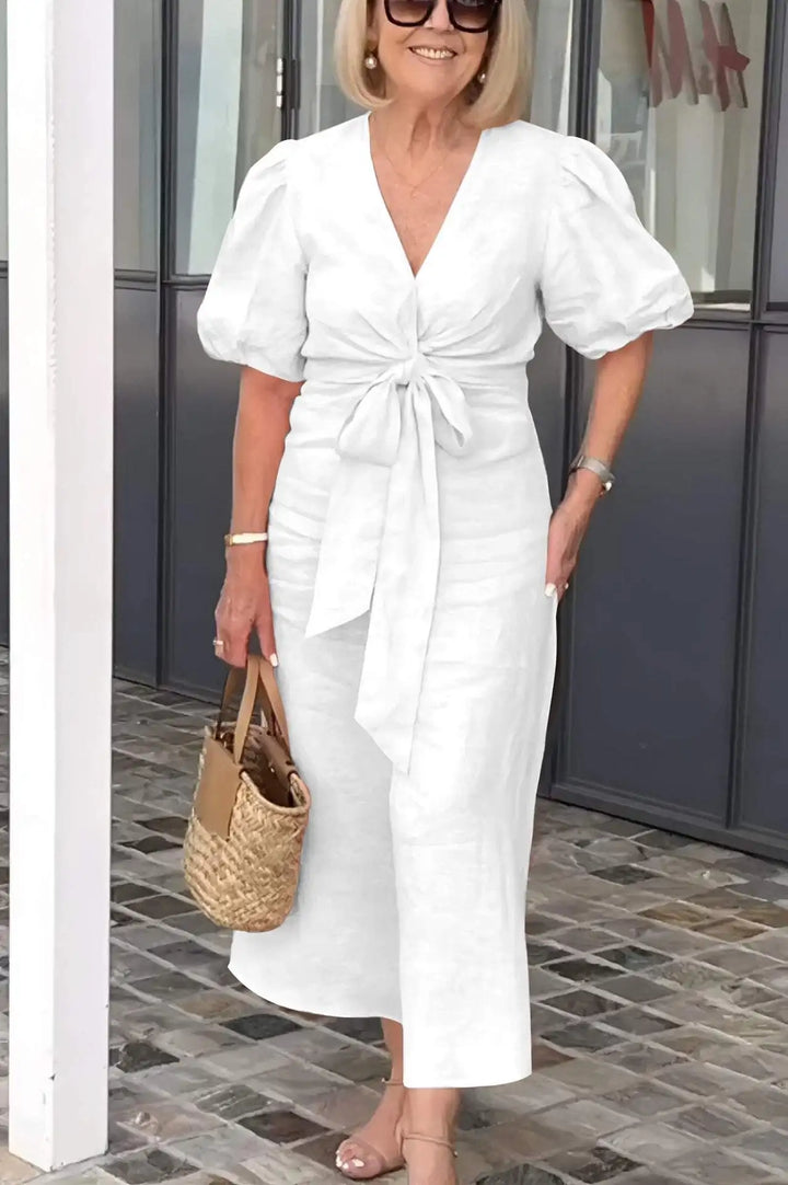 Women's Linen Wrap Midi Dress Short Puff Sleeve V Neck Tie