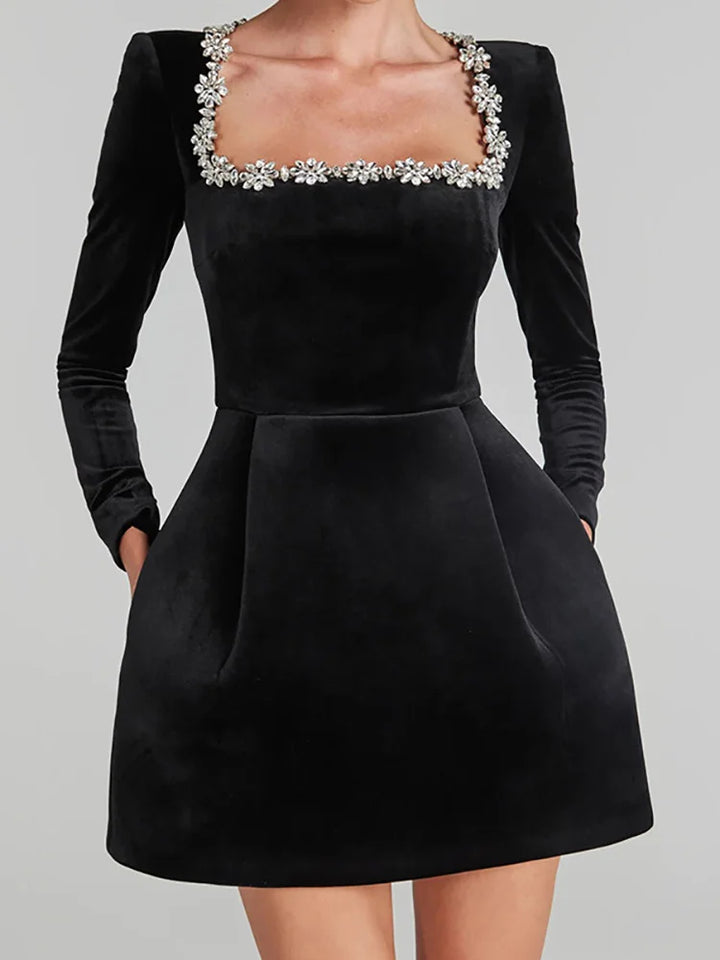 Women's Embellished Square Neck Long Sleeve Velvet Mini Dress