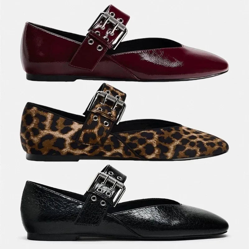 Mocassins plats pour femmes en cuir, à bride avec boucle léopard
