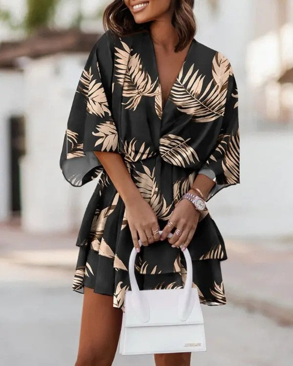 Women's Floral Chiffon Mini Dress V-Neck Ruffle Sun Dress