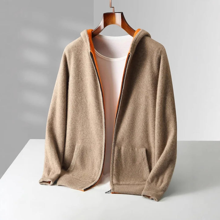 Veste-sweat à capuche zippée en maille de laine réversible pour homme