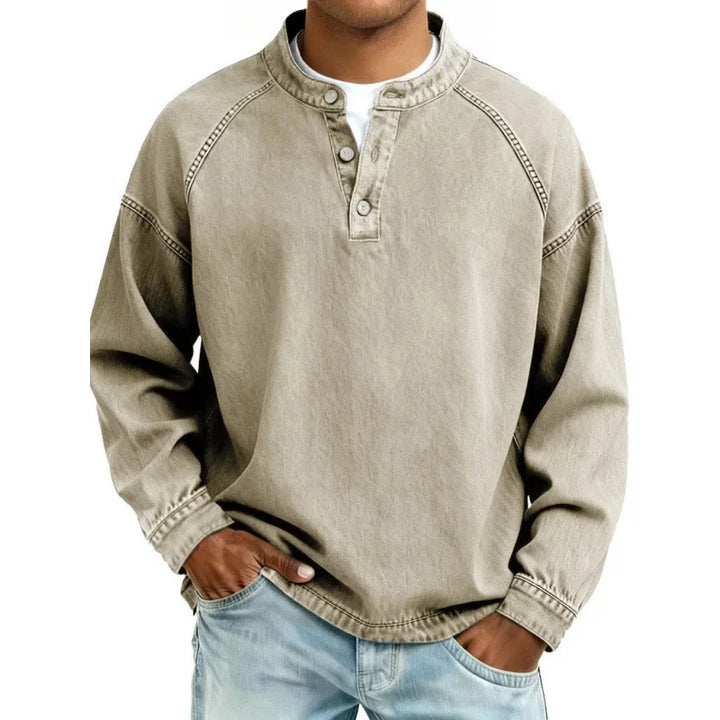 Men’s Denim Henley Collarless Long-Sleeve Shirt