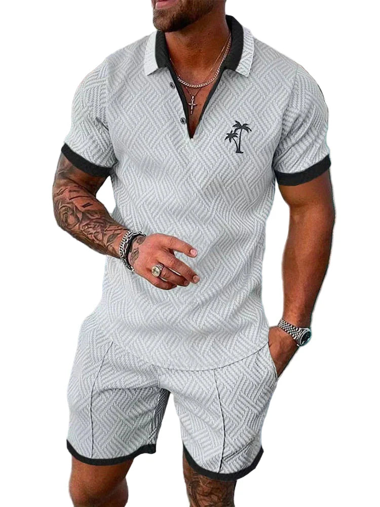 Men's Knit Quarter-Zip Polo Shirt and Shorts Two-Piece Set
