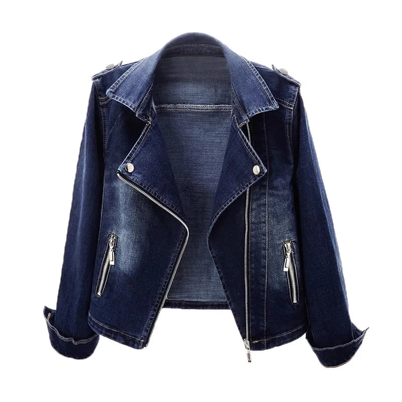 Veste de motard en jean pour femme, manteau en jean style moto, coupe ajustée, vêtement d'extérieur