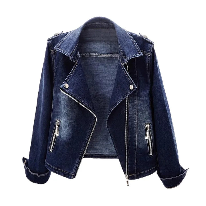 Veste de motard en jean pour femme, manteau en jean style moto, coupe ajustée, vêtement d'extérieur