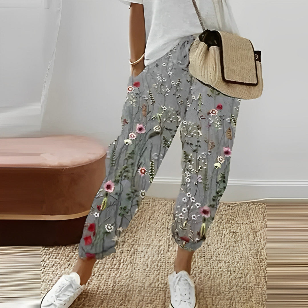 Women’s Linen Floral-Print Wide-Leg Trousers