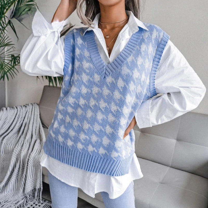 Women's Houndstooth Knit Sweater Vest V-Neck Sleeveless Pullover