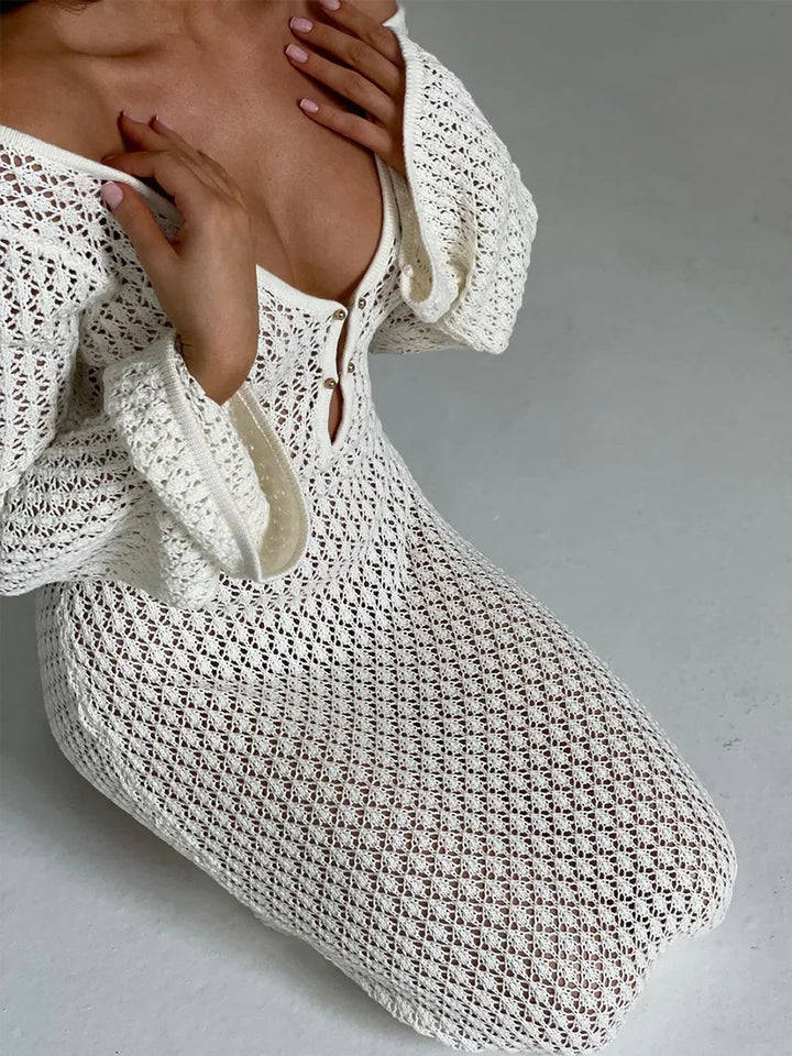 Women’s Knit Crochet Flare Sleeve Maxi Dress Beach Cover Up