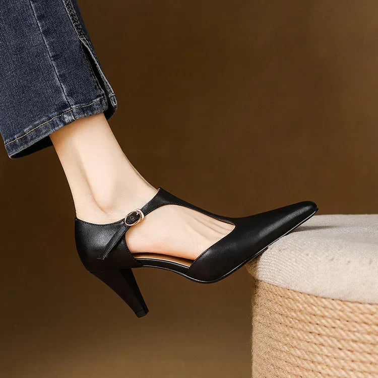 Women's Leather T-Strap High Heels Pointed Toe Pumps Shoes
