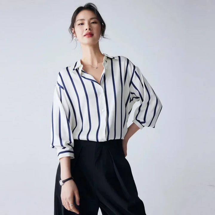 Women's Striped Long Sleeve Linen Shirt Button Up Blouse Tops