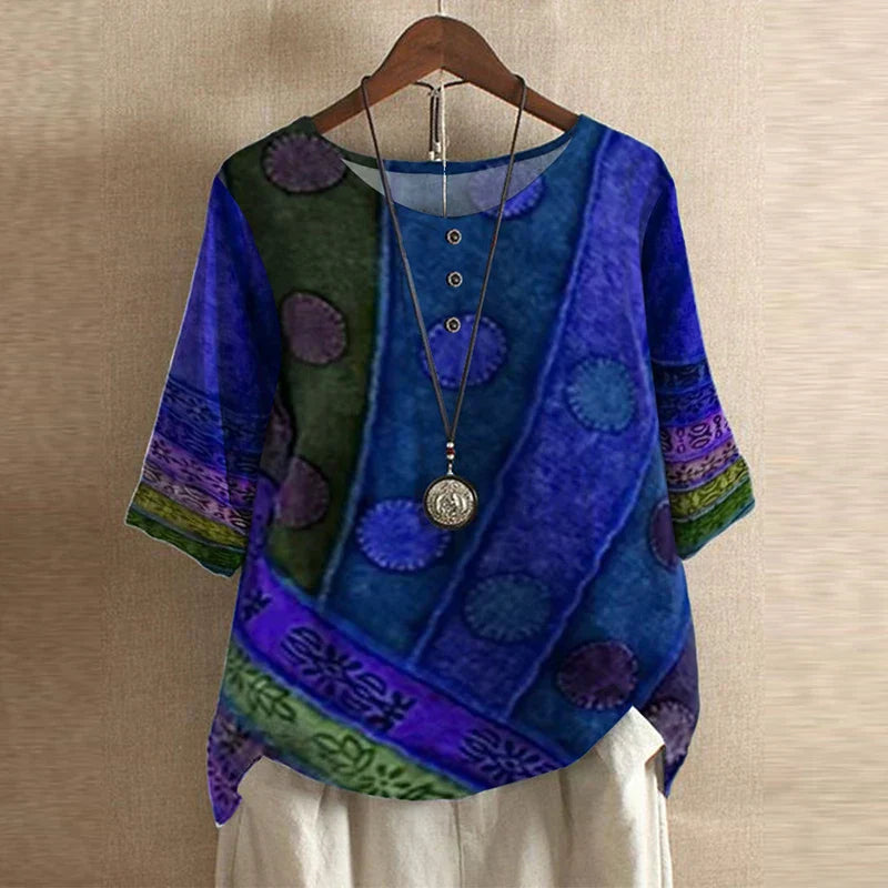 Women's Boho Floral Round Neck 3/4 Sleeve Tunic Blouse Tops