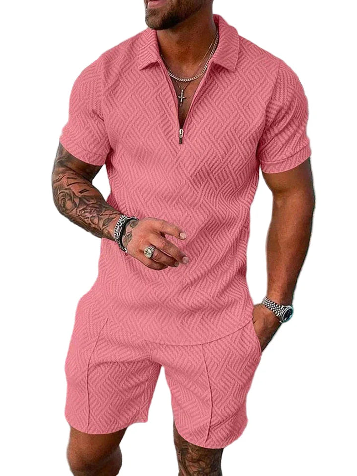 Men's Knit Quarter-Zip Polo Shirt and Shorts Two-Piece Set