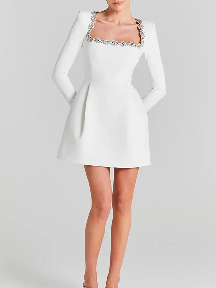 Women's Embellished Square Neck Long Sleeve Velvet Mini Dress