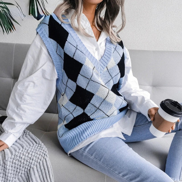 Women's Houndstooth Knit Sweater Vest V-Neck Sleeveless Pullover