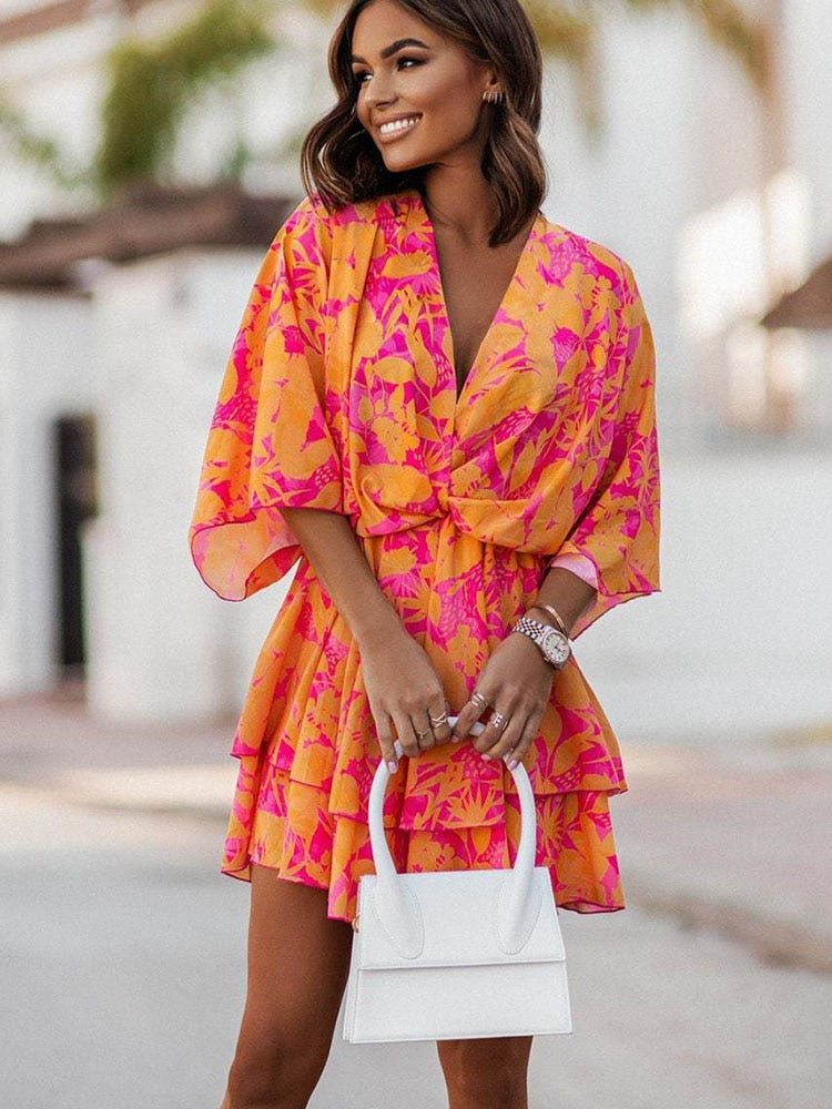 Women's Floral Chiffon Mini Dress V-Neck Ruffle Sun Dress