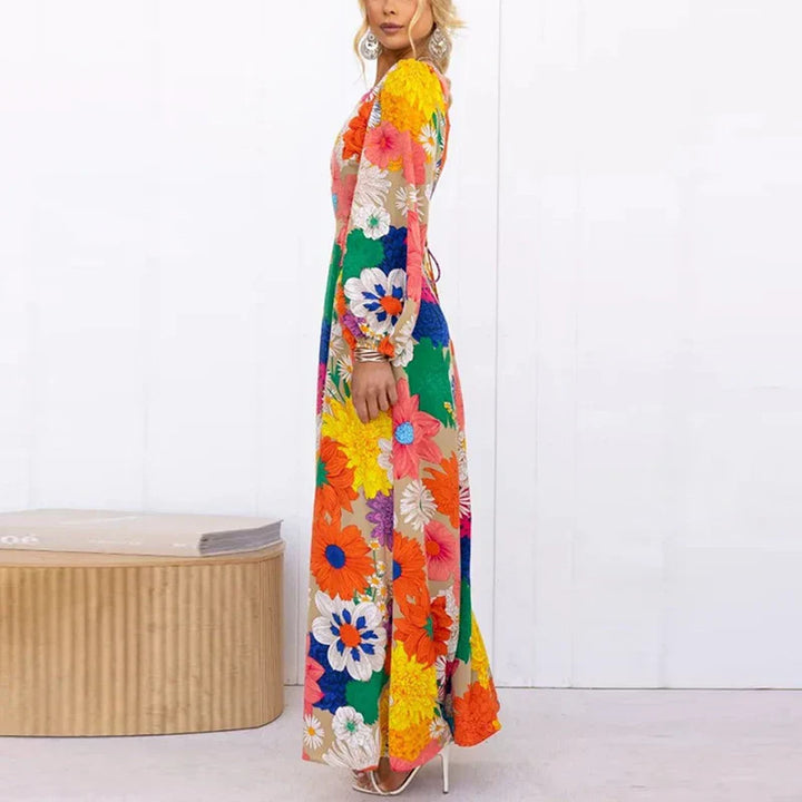 Women Linen Floral A-Line Long Sleeve Maxi Dress