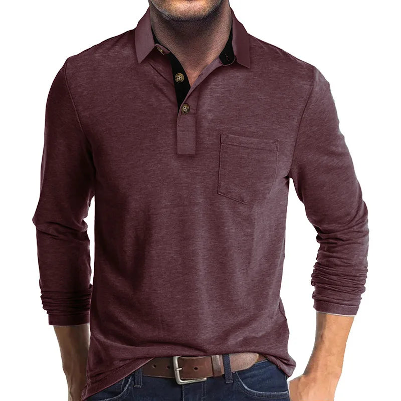 Men's Knit Long Sleeve Polo Shirt Pullover Top